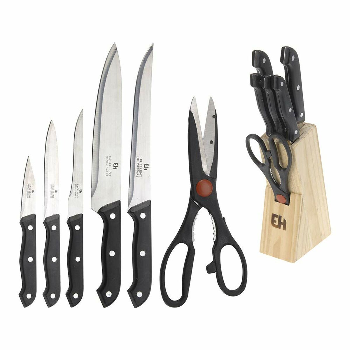 Keukenmessenset met standaard Excellent Houseware Schaar 7 Onderdelen Zwart Hout Roestvrij staal Polypropyleen | Huisbest.nl