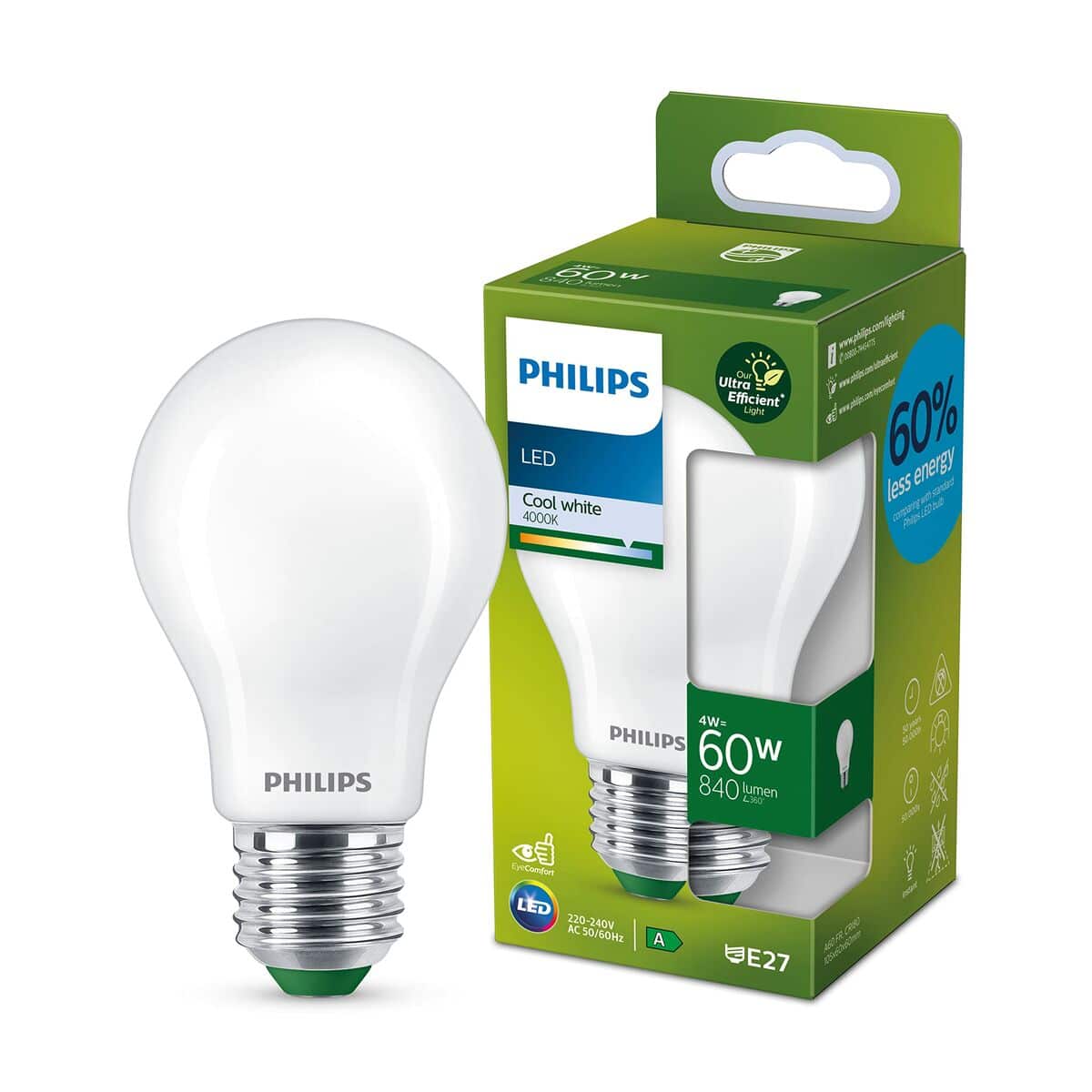 Ledlamp Philips Ultra Efficient Led Classic 4 W 60 W E27 840 lm Wit (4000 K) | Huisbest.nl