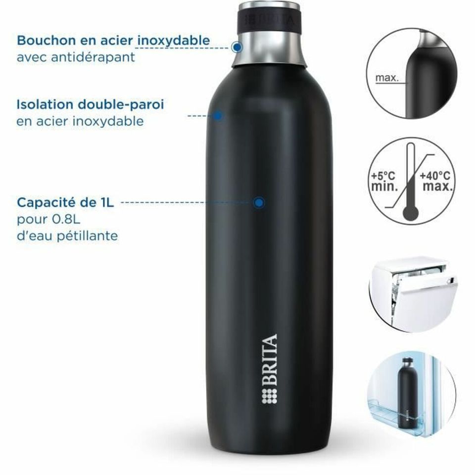 BRITA SodaTRIO stainless steel thermos flask/bottle black large 0.9-1L