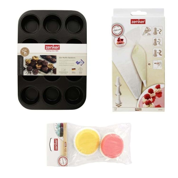 Zenker muffin baking set 3-piece with 12-mold and piping bag