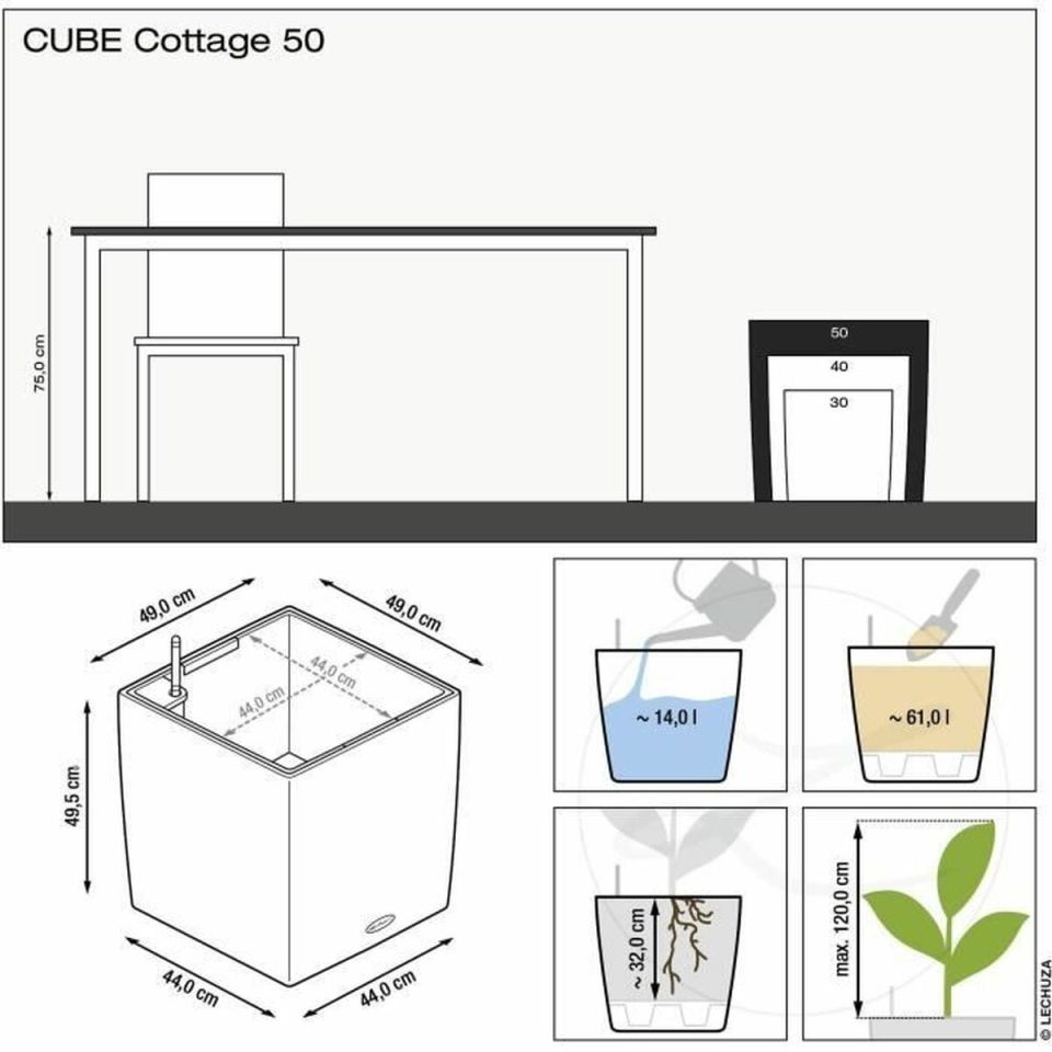 LECHUZA CUBE Cottage 50 vierkante plantenbak graniet